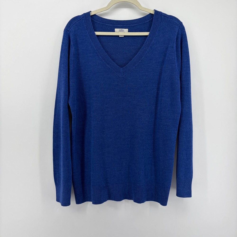Croft & Barrow Womens Large Blue V-Neck Pullover Sweater Long Sleeve Solid Knit